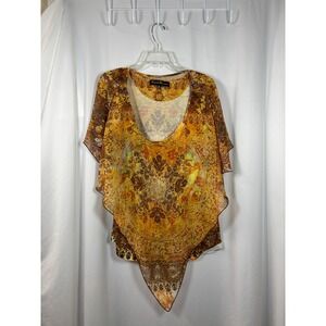 French Bazaar Womens XXL Orange‎ Brown Paisley Rhinestone Layered Poncho  Blouse